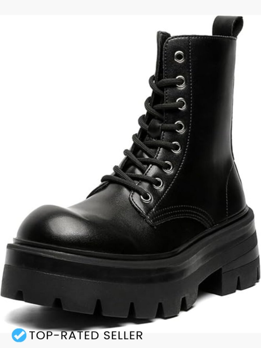 Men's Leather Lace-up Platform Combat Boots Chunky Heel Lug Sole Side Zipper